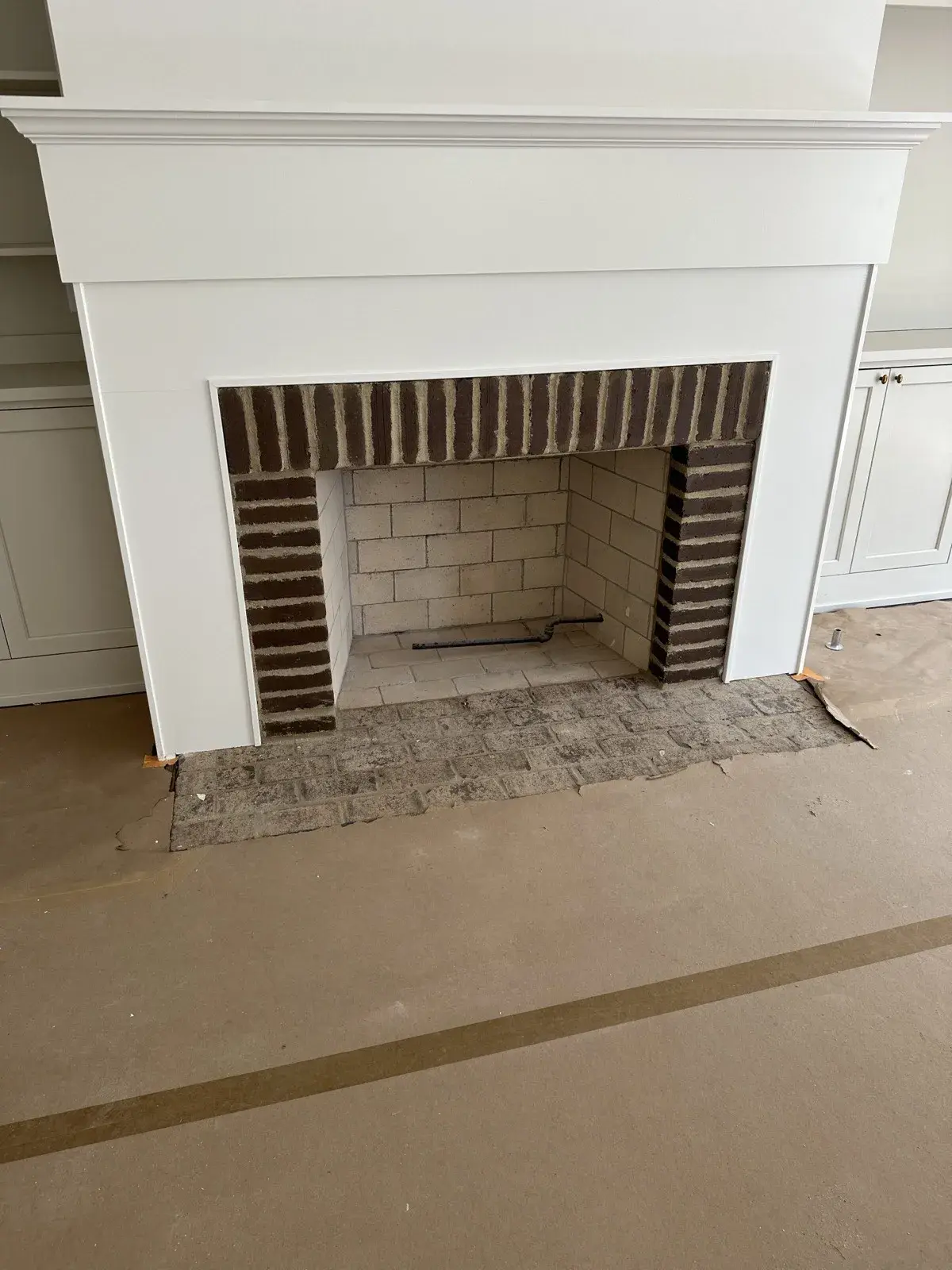 Interior brick fireplace with clean mortar joints